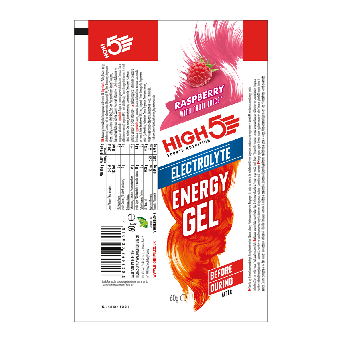High5 EnergyGel Electrolyte Bringebær 20 stk